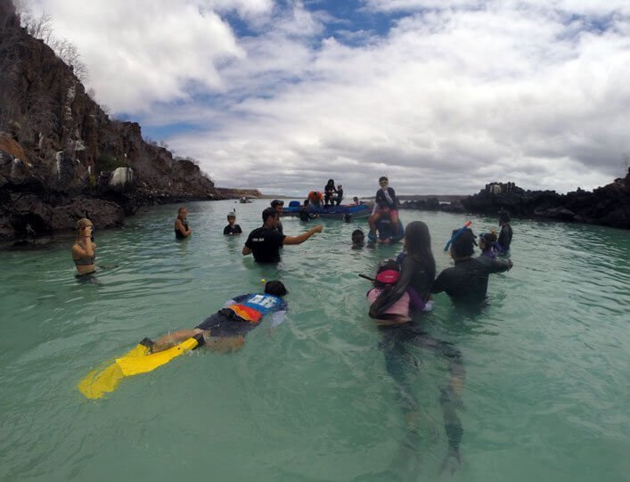 CDF team, Galapagos Evolution, and students watching white tip sharks.